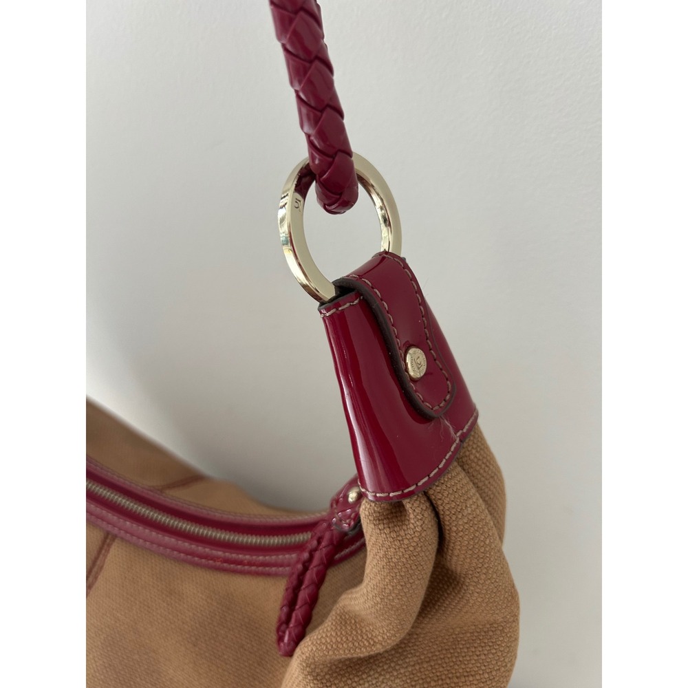 Liz Claiborne Tan Canvas Burgundy Patent Leather Braided Strap Hobo Bag - Picture 3 of 9